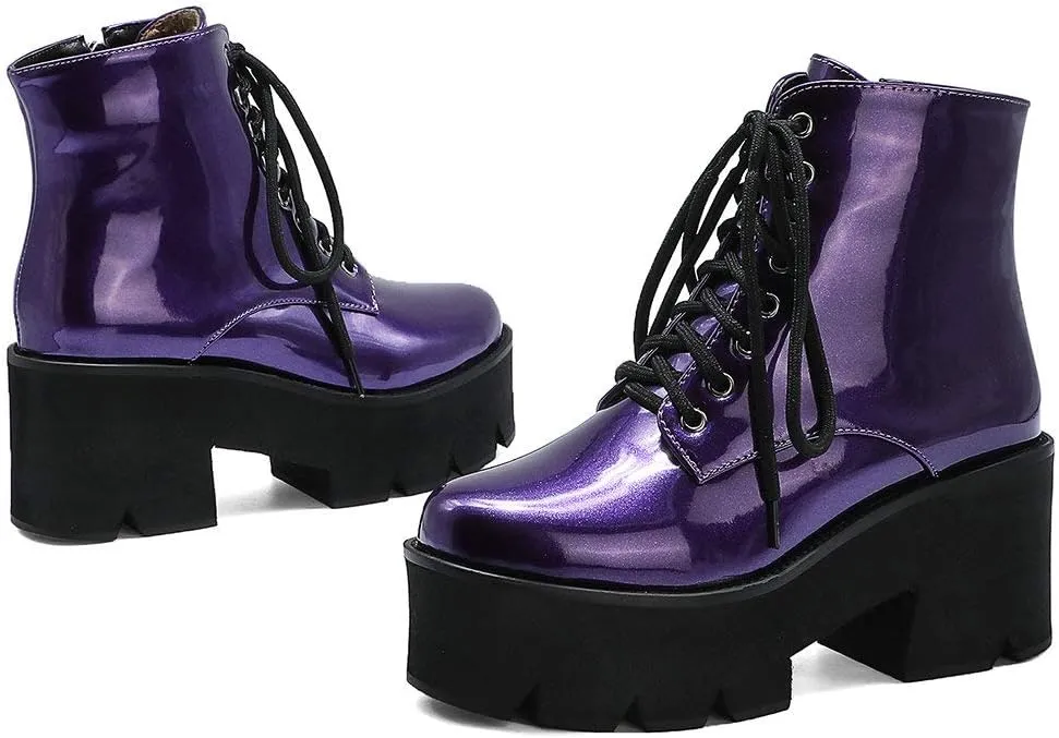 Parisuit Womens Goth Patent Ankle Boots Platform Chunky High Heel Lace Up Combat Boots Punk Short Booties