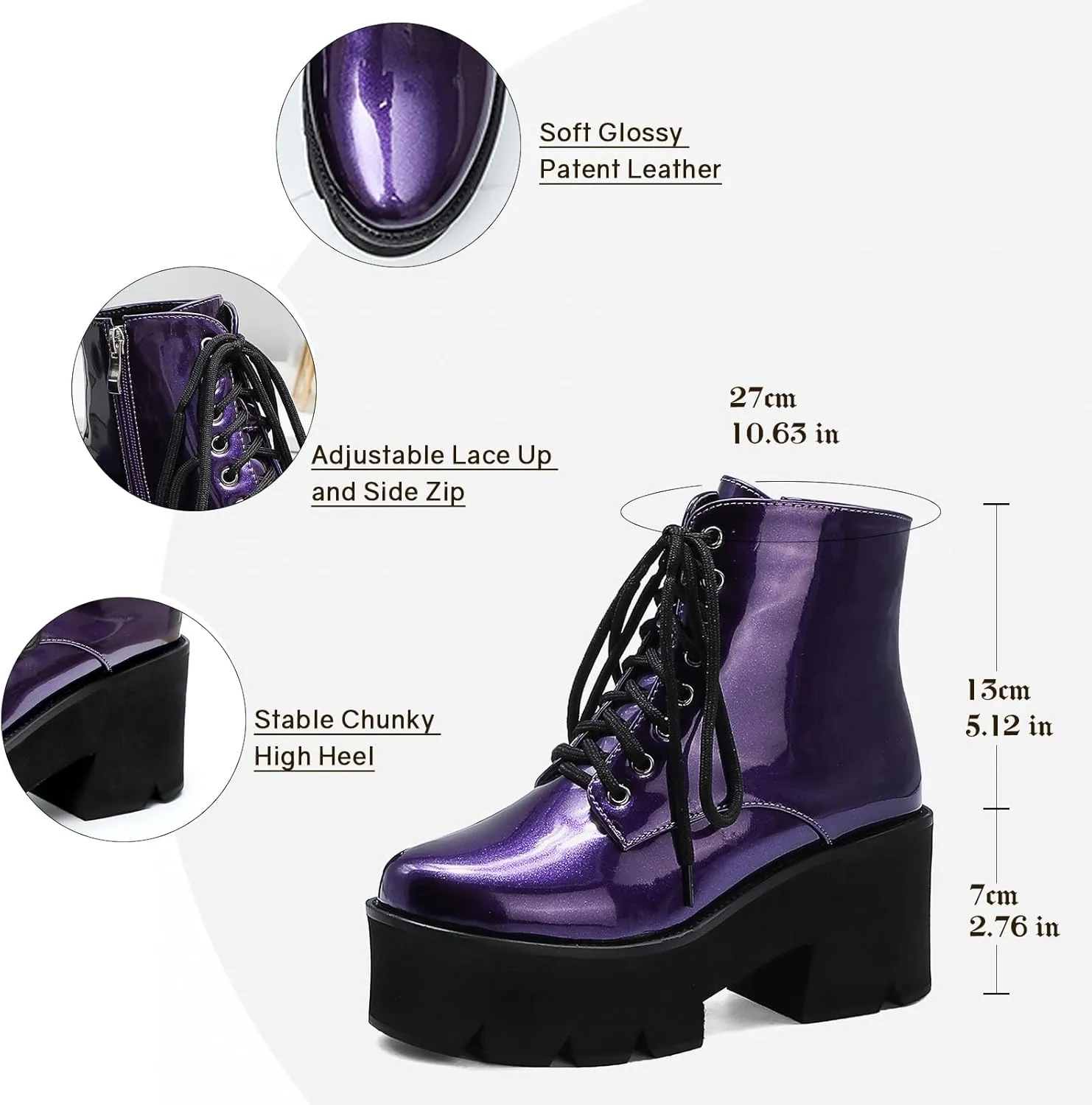 Parisuit Womens Goth Patent Ankle Boots Platform Chunky High Heel Lace Up Combat Boots Punk Short Booties