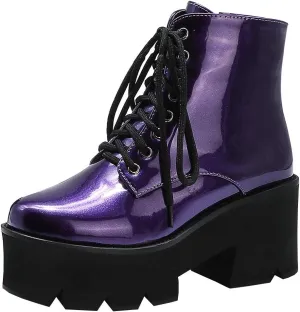 Parisuit Womens Goth Patent Ankle Boots Platform Chunky High Heel Lace Up Combat Boots Punk Short Booties