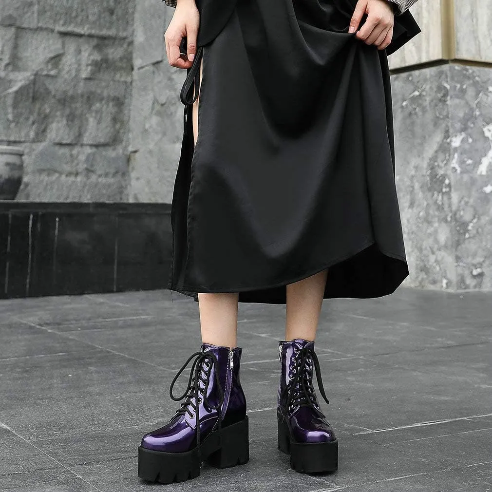 Parisuit Womens Goth Patent Ankle Boots Platform Chunky High Heel Lace Up Combat Boots Punk Short Booties