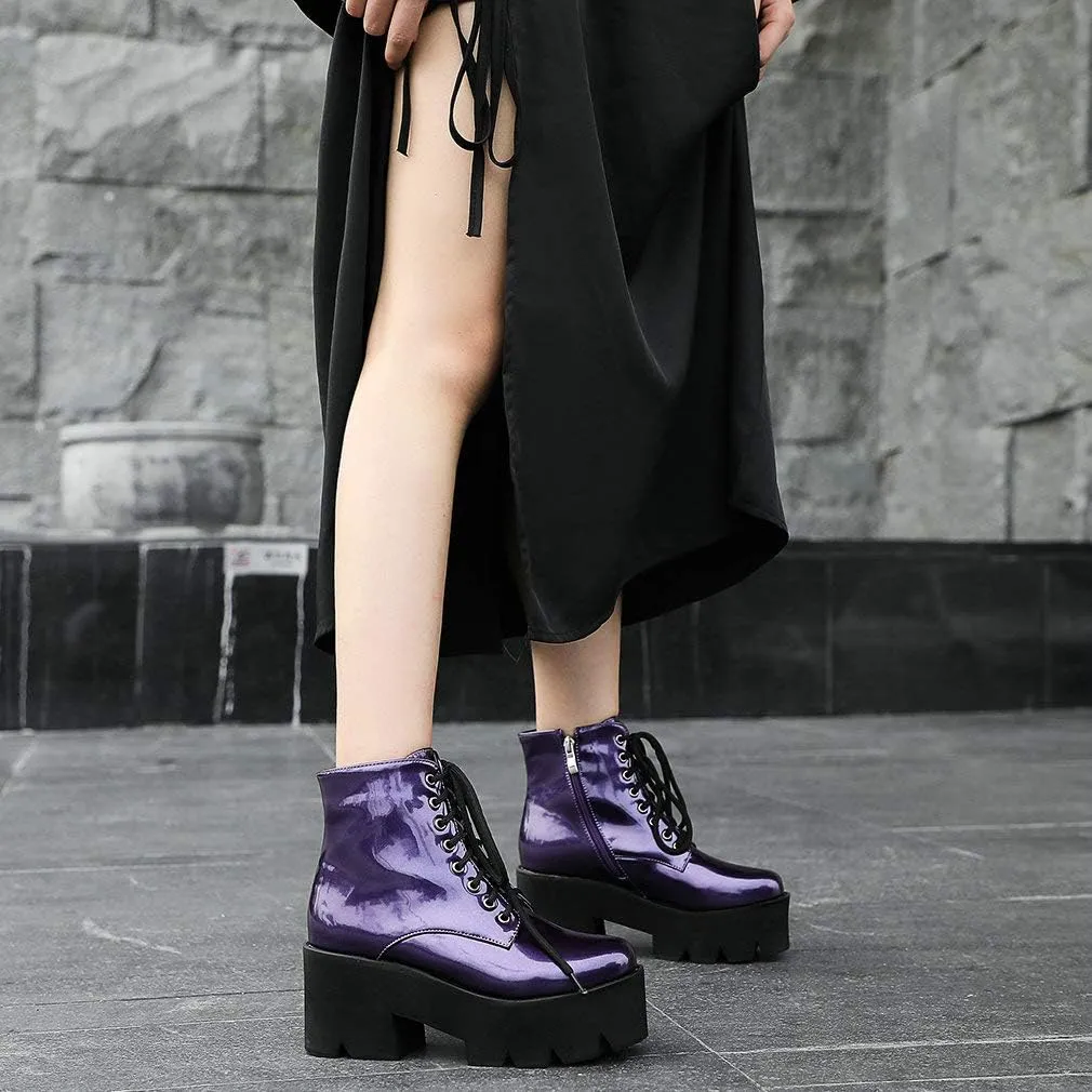 Parisuit Womens Goth Patent Ankle Boots Platform Chunky High Heel Lace Up Combat Boots Punk Short Booties