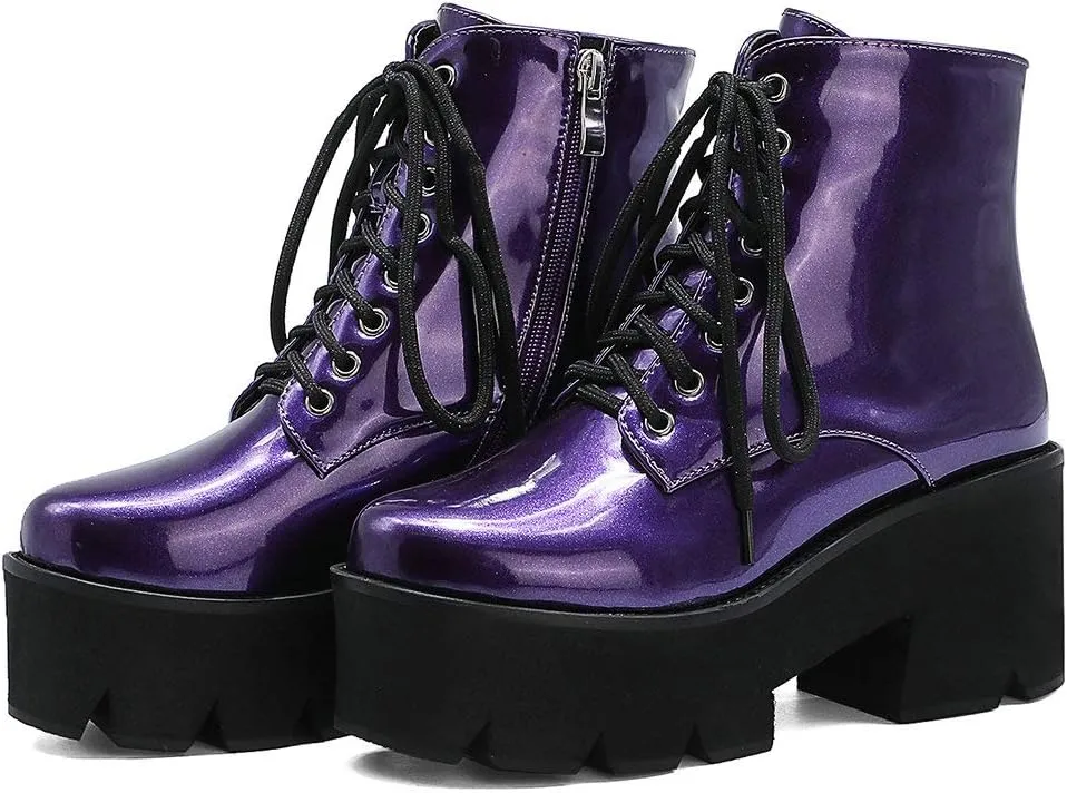 Parisuit Womens Goth Patent Ankle Boots Platform Chunky High Heel Lace Up Combat Boots Punk Short Booties