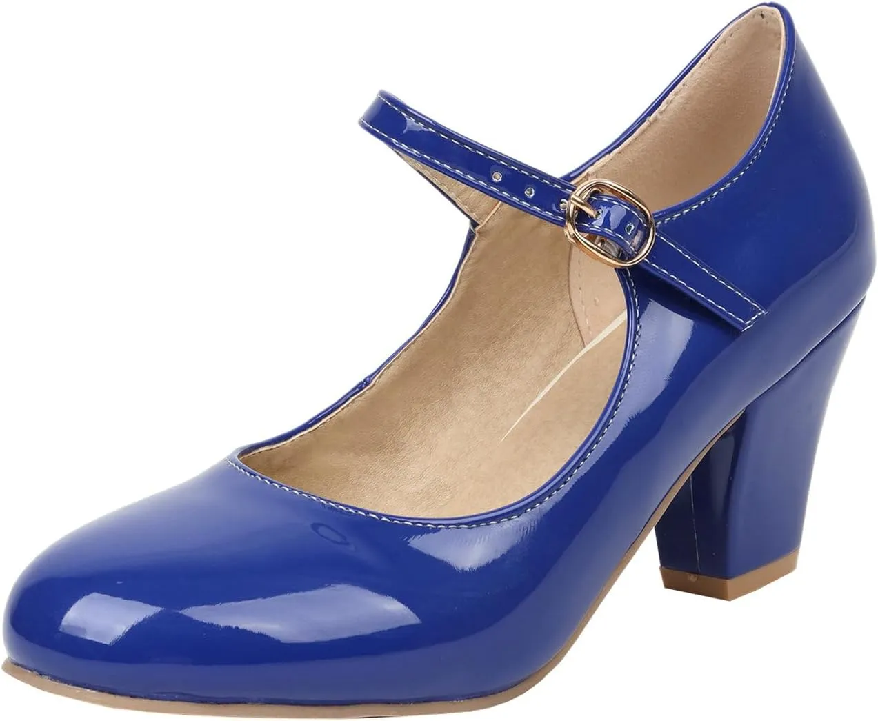 Parisuit Womens Mary Jane Chunky High Heel Pumps Ankle Strap Patent Dress Candy Color Rockabilly Shoes