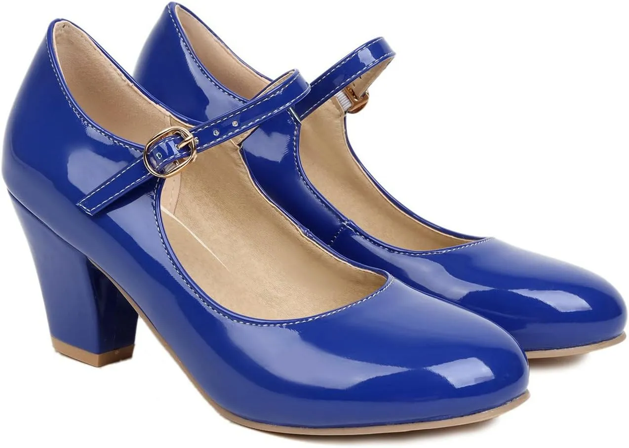 Parisuit Womens Mary Jane Chunky High Heel Pumps Ankle Strap Patent Dress Candy Color Rockabilly Shoes