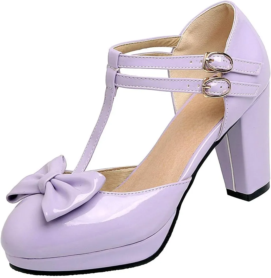 Parisuit Womens Mary Jane Chunky Platform Rockabilly Pumps T Strap High Heel Patent Leather Bowtie Dress Shoes