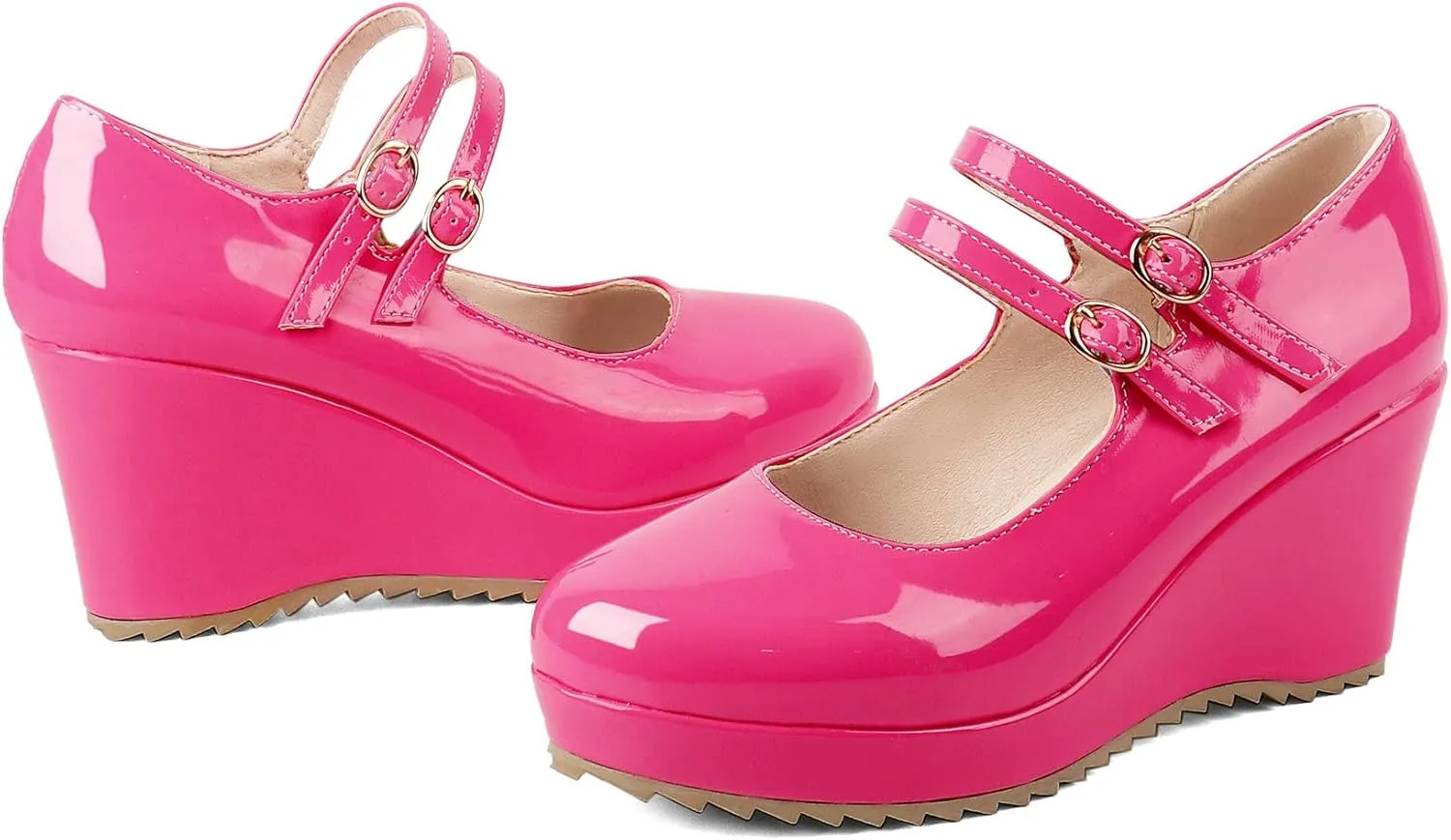 Parisuit Womens Mary Jane Wedge Platform Shoes Patent Leather Ankle Strap Pumps Sweet Shoes