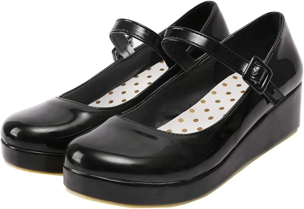 Parisuit Womens Mary Jane Wedge Platform Shoes Patent Leather Ankle Strap Pumps Sweet Shoes