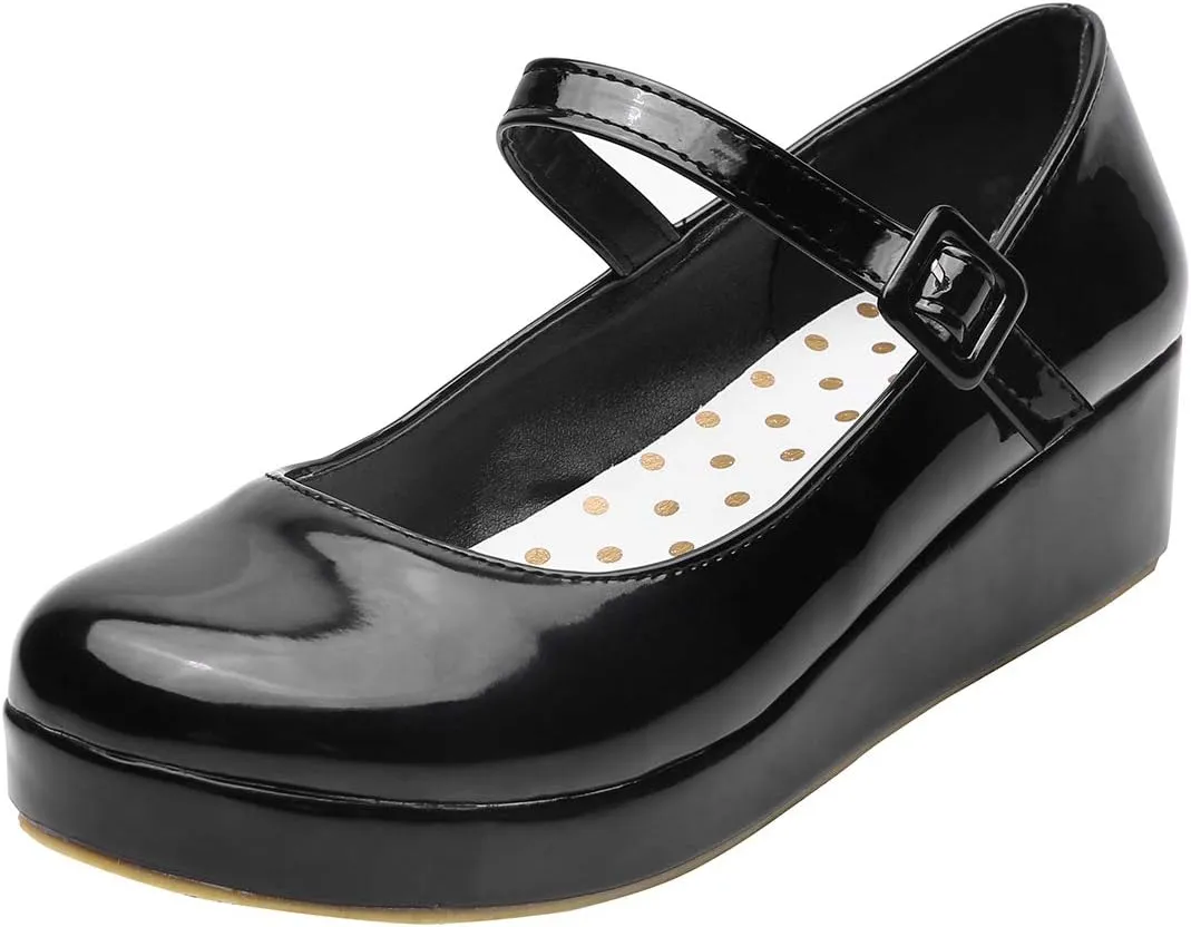 Parisuit Womens Mary Jane Wedge Platform Shoes Patent Leather Ankle Strap Pumps Sweet Shoes