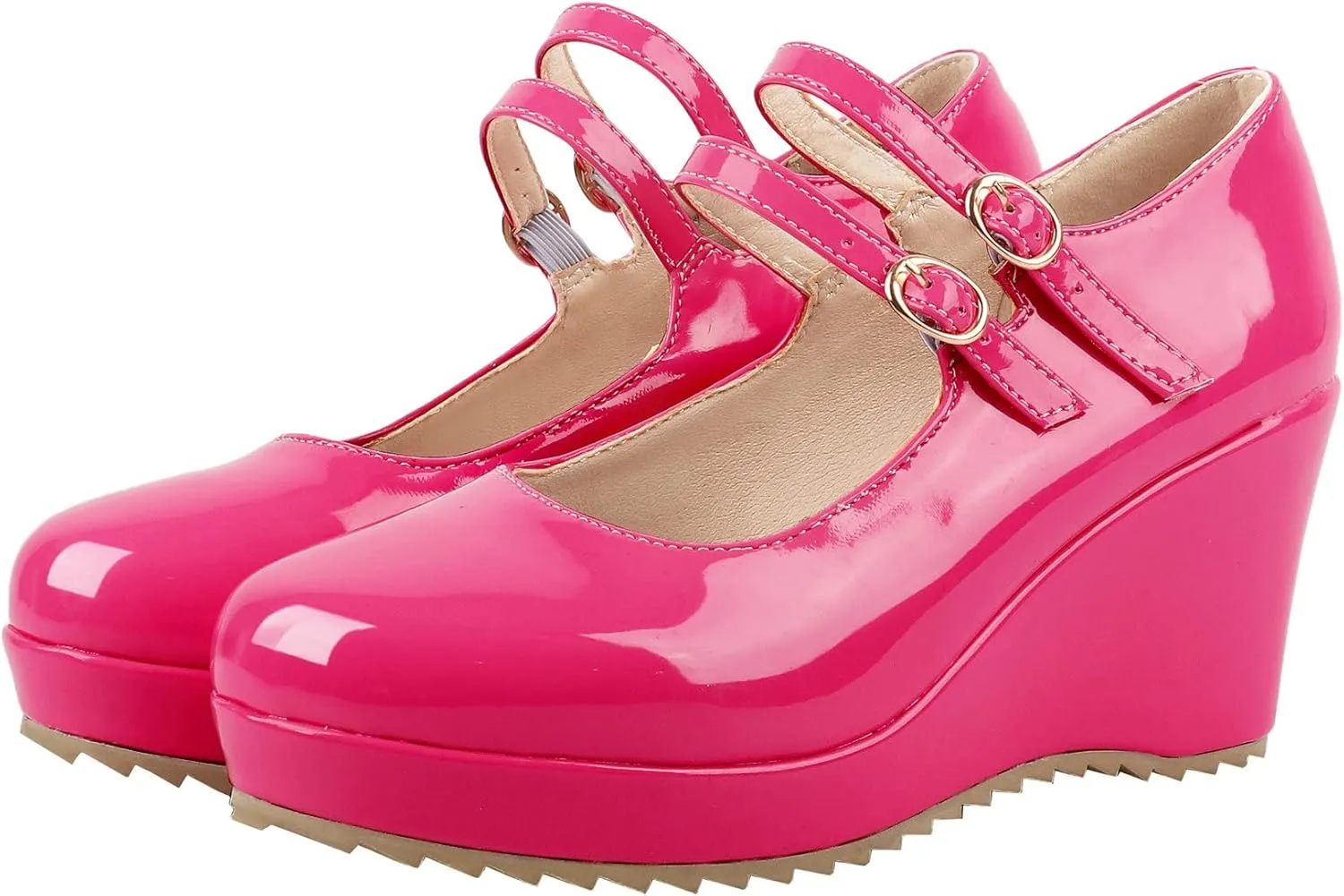Parisuit Womens Mary Jane Wedge Platform Shoes Patent Leather Ankle Strap Pumps Sweet Shoes