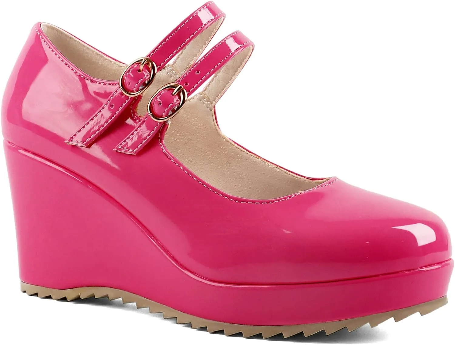 Parisuit Womens Mary Jane Wedge Platform Shoes Patent Leather Ankle Strap Pumps Sweet Shoes