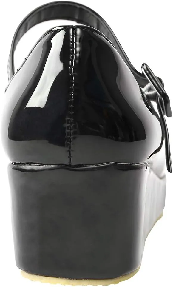 Parisuit Womens Mary Jane Wedge Platform Shoes Patent Leather Ankle Strap Pumps Sweet Shoes