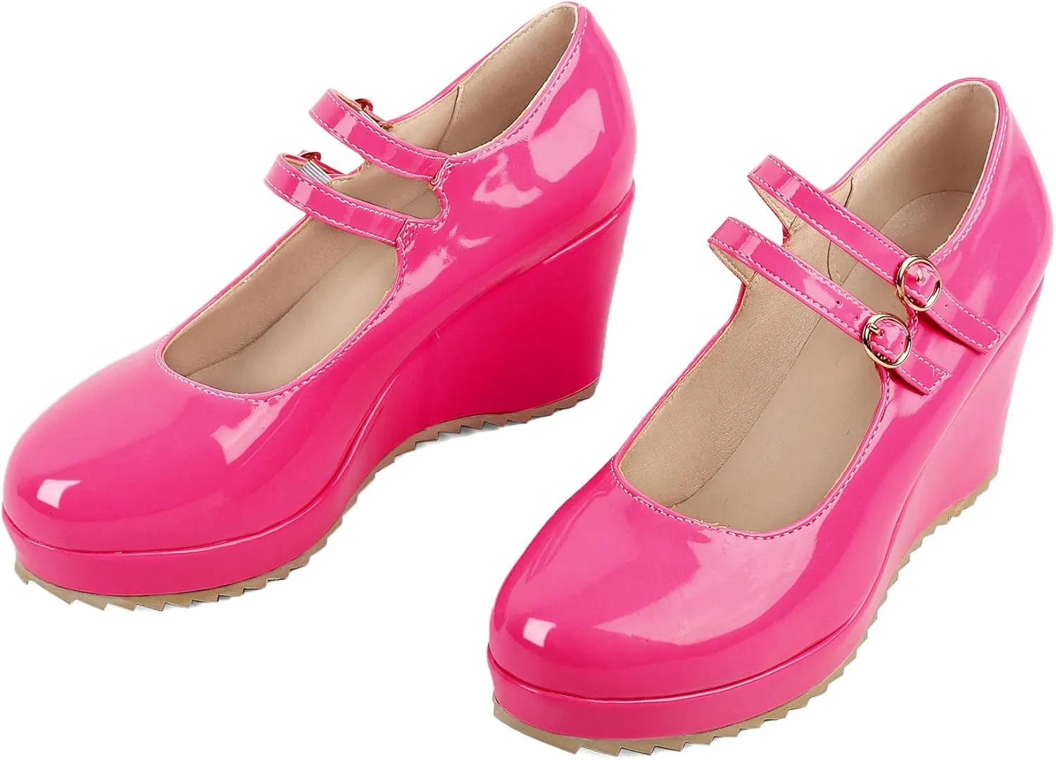 Parisuit Womens Mary Jane Wedge Platform Shoes Patent Leather Ankle Strap Pumps Sweet Shoes