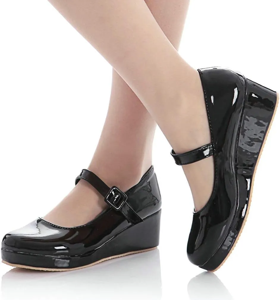 Parisuit Womens Mary Jane Wedge Platform Shoes Patent Leather Ankle Strap Pumps Sweet Shoes