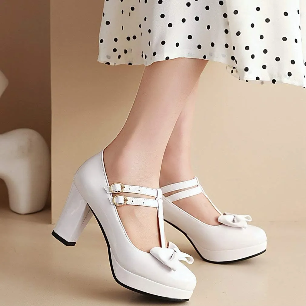 Parisuit Womens T Strap Platform Mary Jane Shoes Chunky High Heels Patent Leather Pumps with Bow