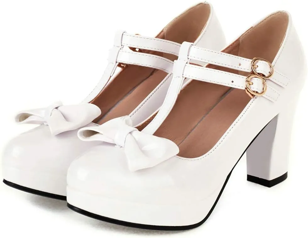 Parisuit Womens T Strap Platform Mary Jane Shoes Chunky High Heels Patent Leather Pumps with Bow