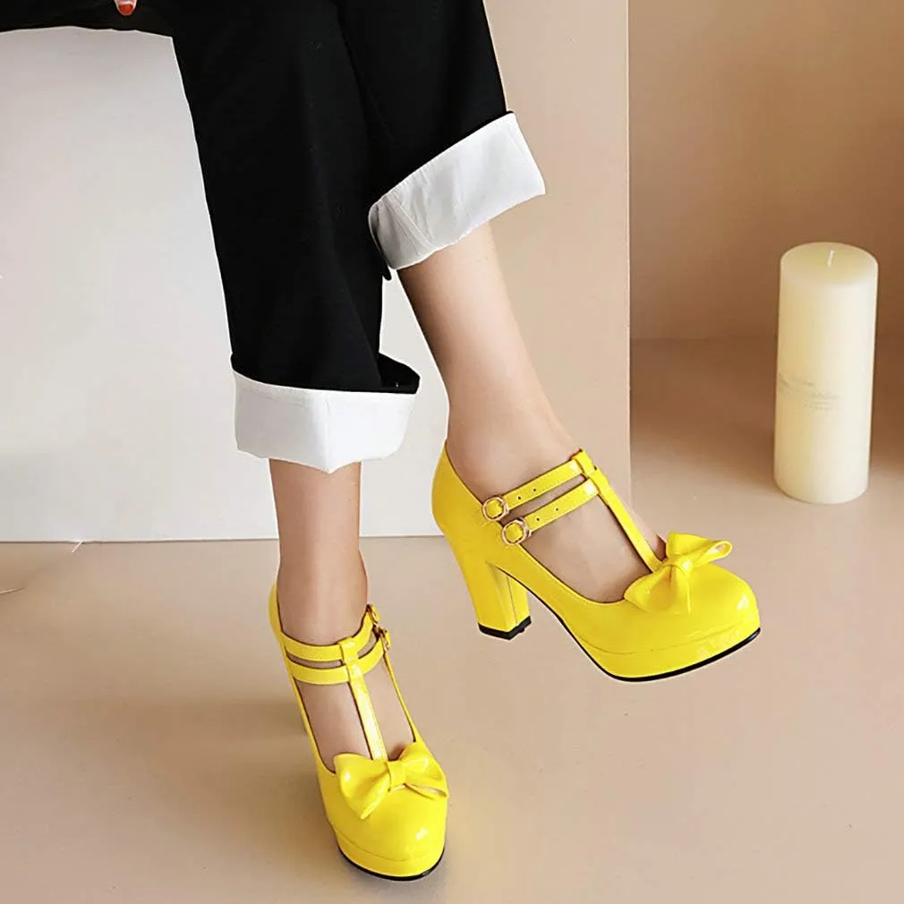 Parisuit Womens T Strap Platform Mary Jane Shoes Chunky High Heels Patent Leather Pumps with Bow