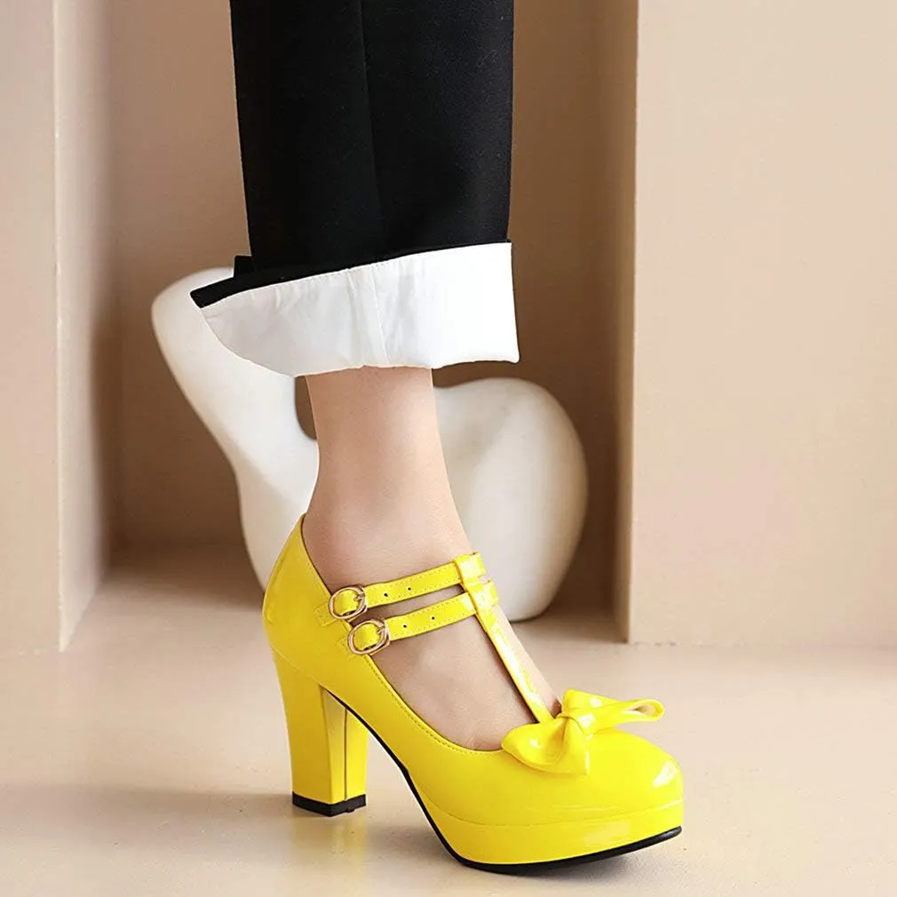 Parisuit Womens T Strap Platform Mary Jane Shoes Chunky High Heels Patent Leather Pumps with Bow