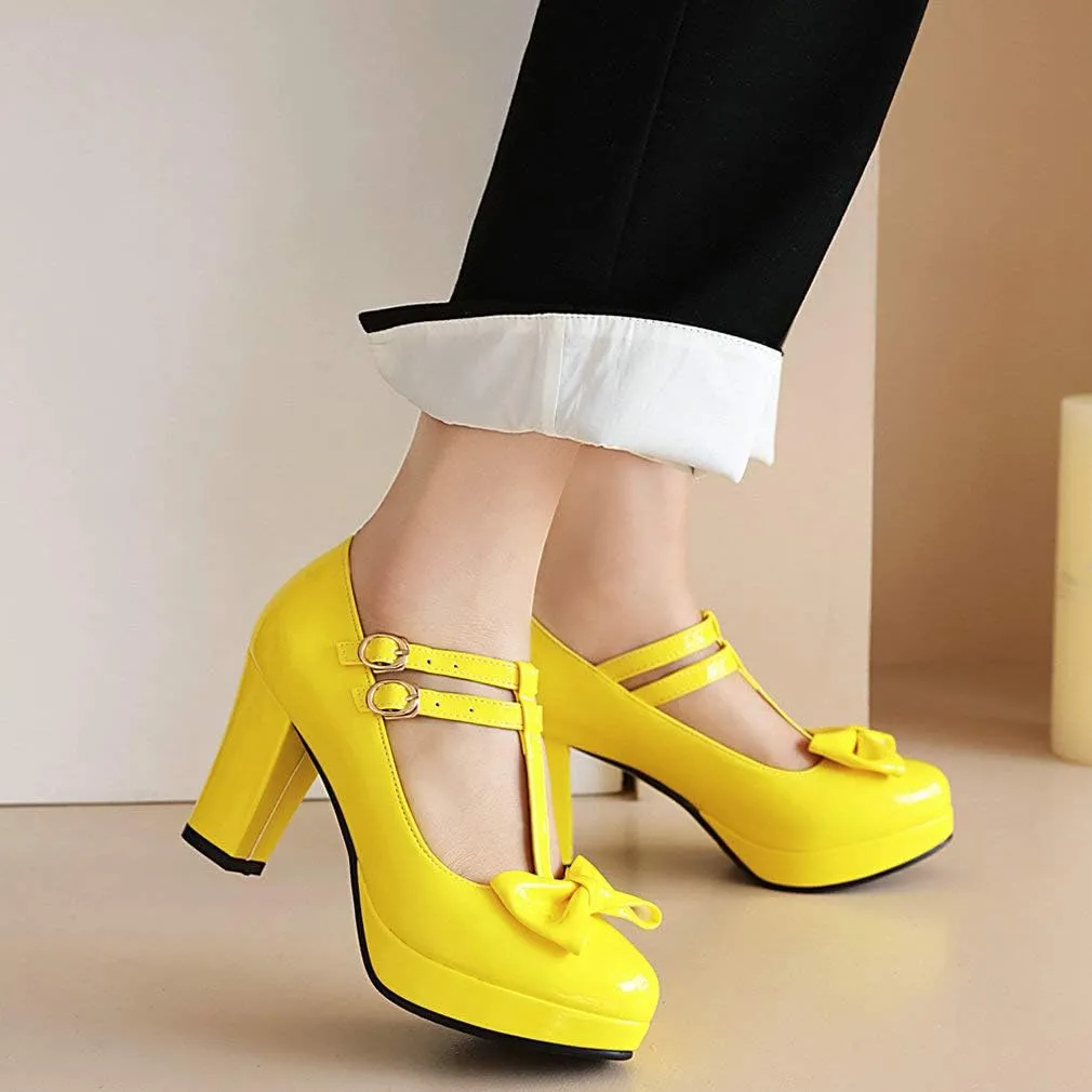 Parisuit Womens T Strap Platform Mary Jane Shoes Chunky High Heels Patent Leather Pumps with Bow