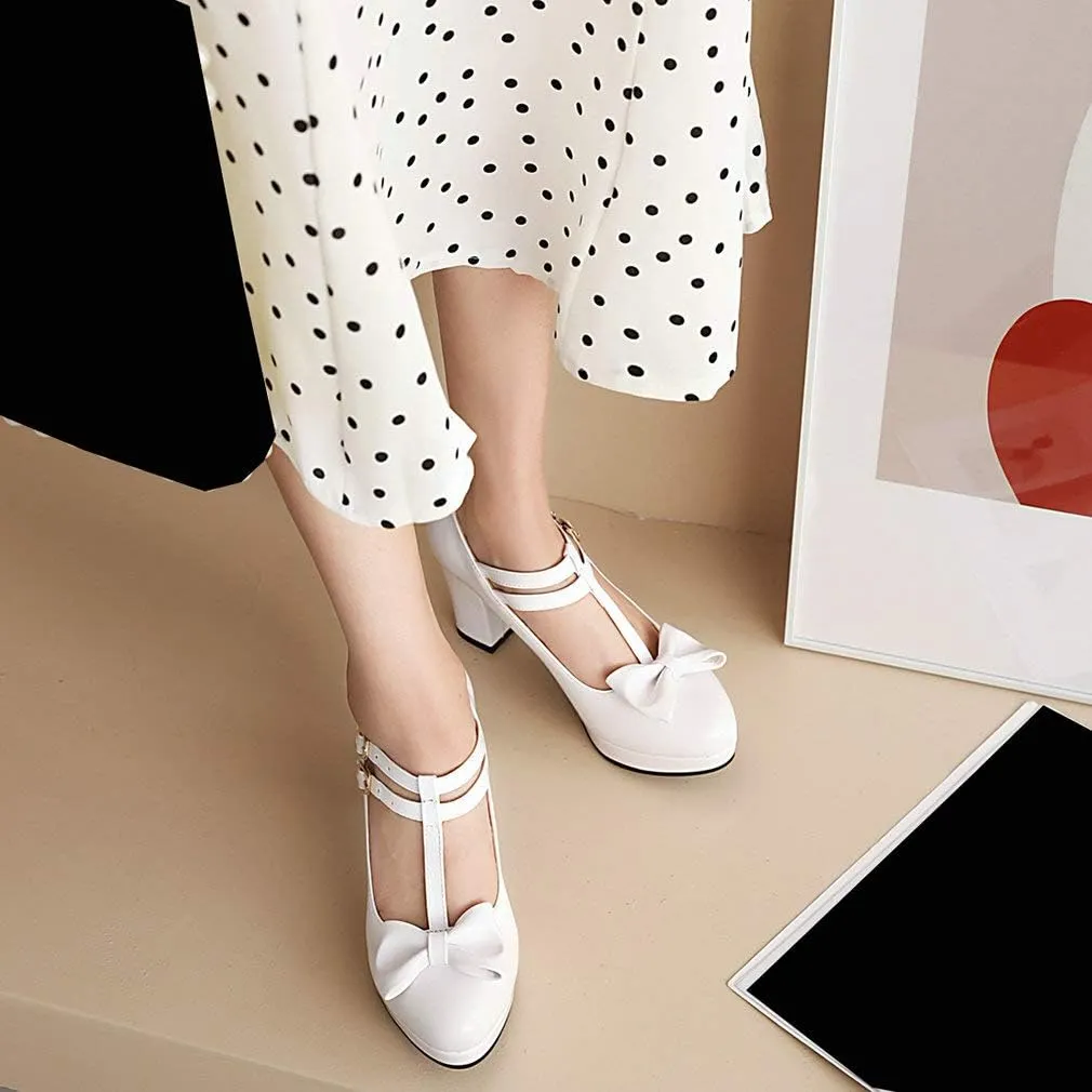 Parisuit Womens T Strap Platform Mary Jane Shoes Chunky High Heels Patent Leather Pumps with Bow