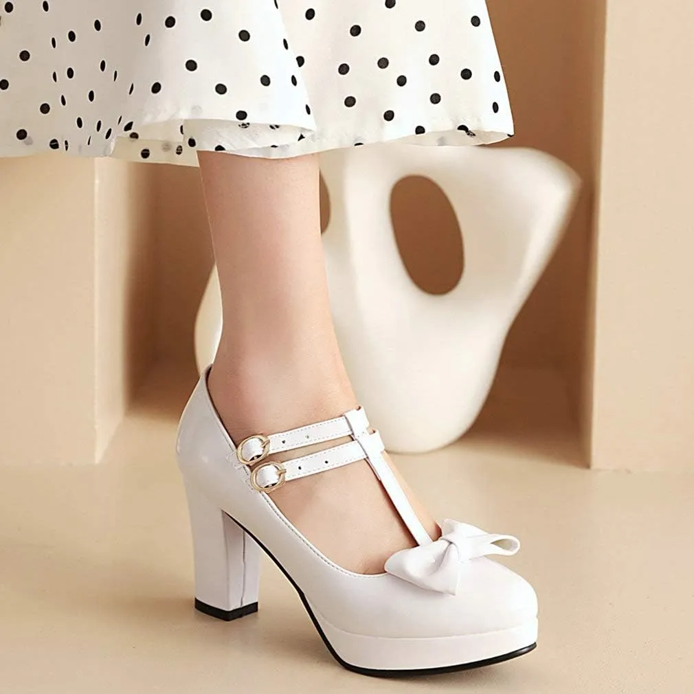 Parisuit Womens T Strap Platform Mary Jane Shoes Chunky High Heels Patent Leather Pumps with Bow