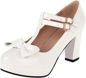 Parisuit Womens T Strap Platform Mary Jane Shoes Chunky High Heels Patent Leather Pumps with Bow