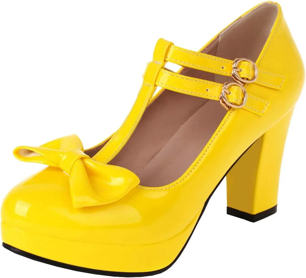Parisuit Womens T Strap Platform Mary Jane Shoes Chunky High Heels Patent Leather Pumps with Bow