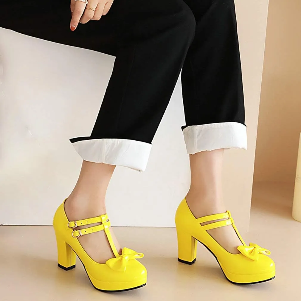 Parisuit Womens T Strap Platform Mary Jane Shoes Chunky High Heels Patent Leather Pumps with Bow