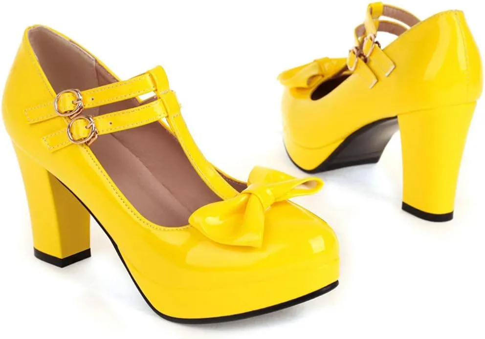Parisuit Womens T Strap Platform Mary Jane Shoes Chunky High Heels Patent Leather Pumps with Bow