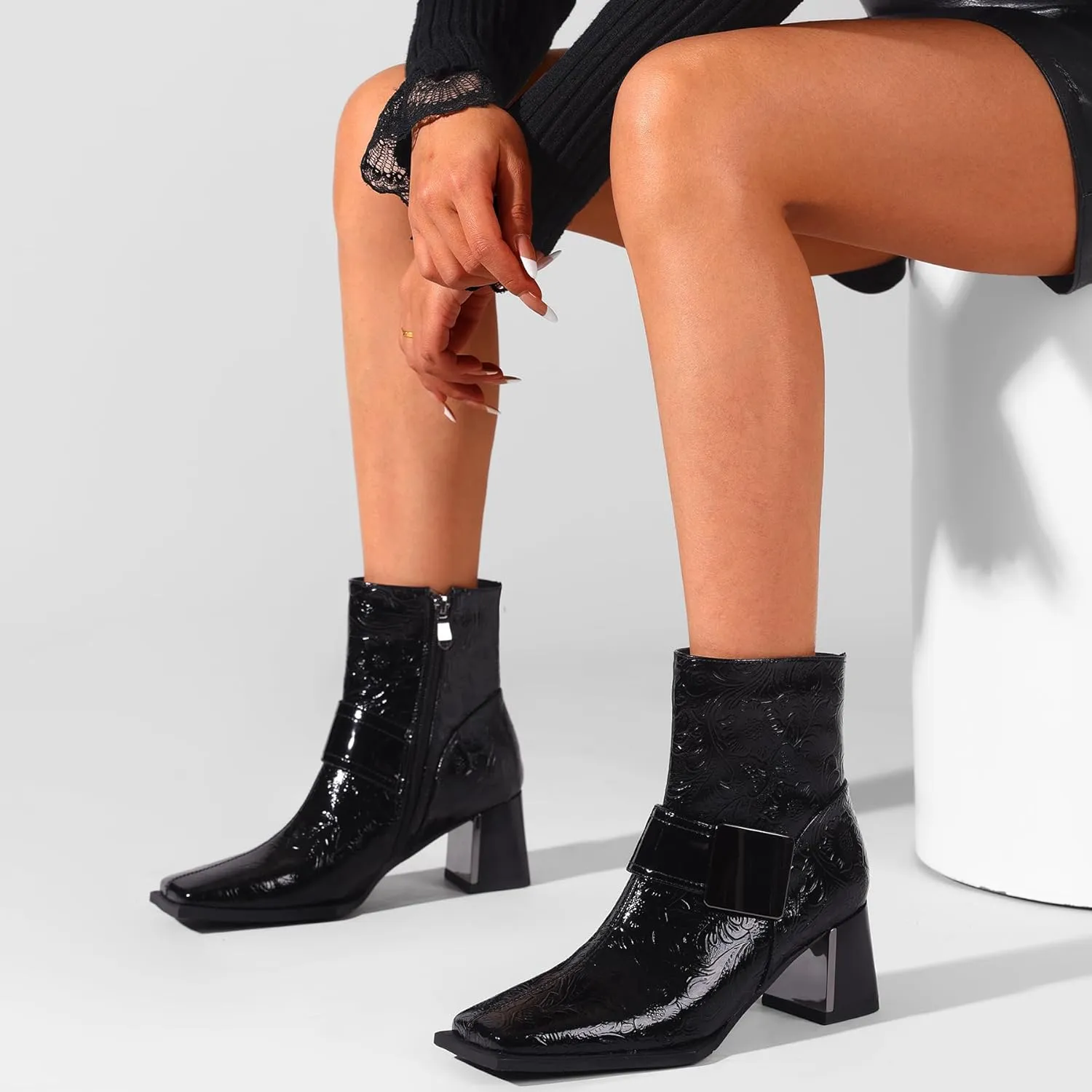 Patent Leather Chelsea Boots For Women Square Toe Ankle Wide Calf Booties Botas Para Mujer Leather Chunky Block Dress Warm Lined Cowboy Cowgirl Ladies 2.5 Inch High Heels