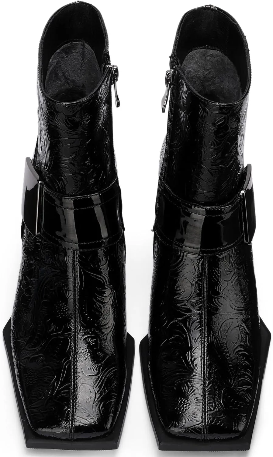 Patent Leather Chelsea Boots For Women Square Toe Ankle Wide Calf Booties Botas Para Mujer Leather Chunky Block Dress Warm Lined Cowboy Cowgirl Ladies 2.5 Inch High Heels