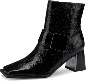 Patent Leather Chelsea Boots For Women Square Toe Ankle Wide Calf Booties Botas Para Mujer Leather Chunky Block Dress Warm Lined Cowboy Cowgirl Ladies 2.5 Inch High Heels