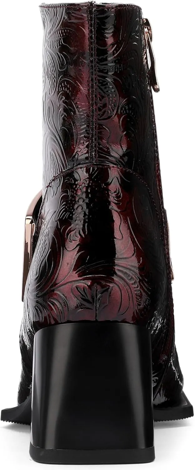 Patent Leather Chelsea Boots For Women Square Toe Ankle Wide Calf Booties Botas Para Mujer Leather Chunky Block Dress Warm Lined Cowboy Cowgirl Ladies 2.5 Inch High Heels