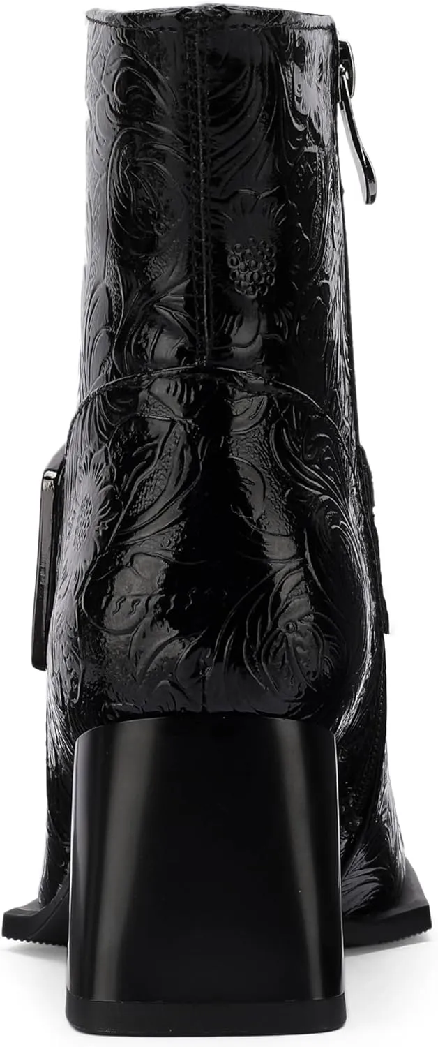 Patent Leather Chelsea Boots For Women Square Toe Ankle Wide Calf Booties Botas Para Mujer Leather Chunky Block Dress Warm Lined Cowboy Cowgirl Ladies 2.5 Inch High Heels