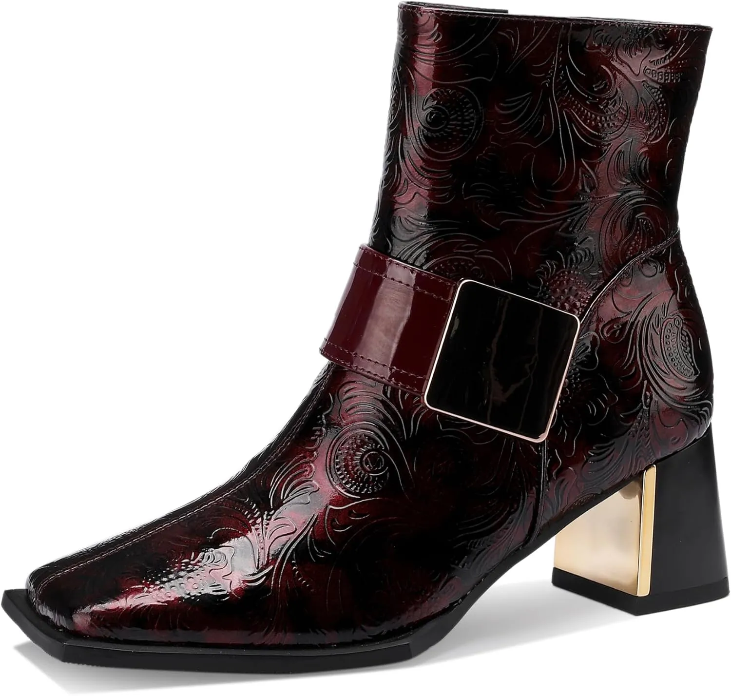 Patent Leather Chelsea Boots For Women Square Toe Ankle Wide Calf Booties Botas Para Mujer Leather Chunky Block Dress Warm Lined Cowboy Cowgirl Ladies 2.5 Inch High Heels