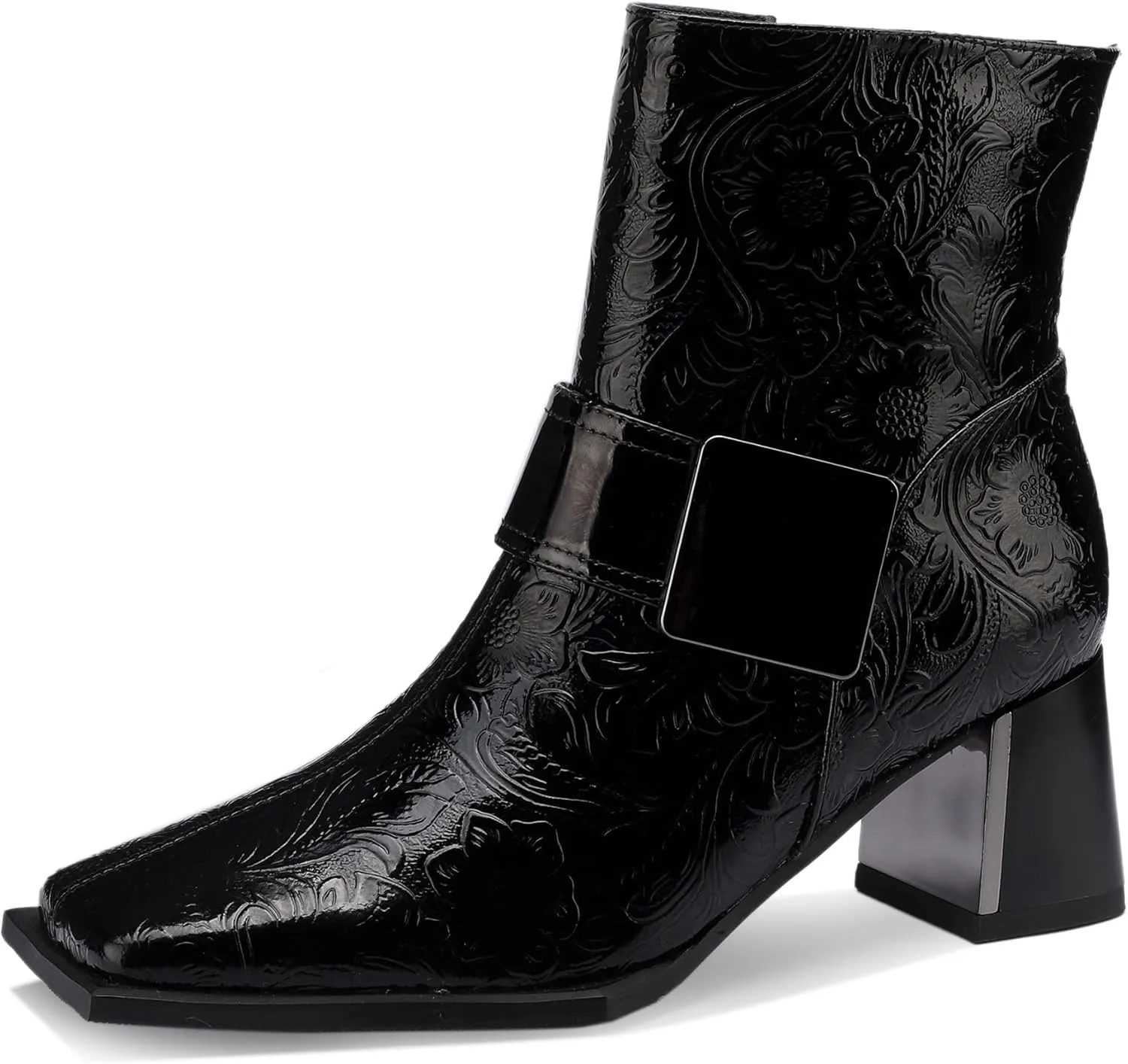 Patent Leather Chelsea Boots For Women Square Toe Ankle Wide Calf Booties Botas Para Mujer Leather Chunky Block Dress Warm Lined Cowboy Cowgirl Ladies 2.5 Inch High Heels