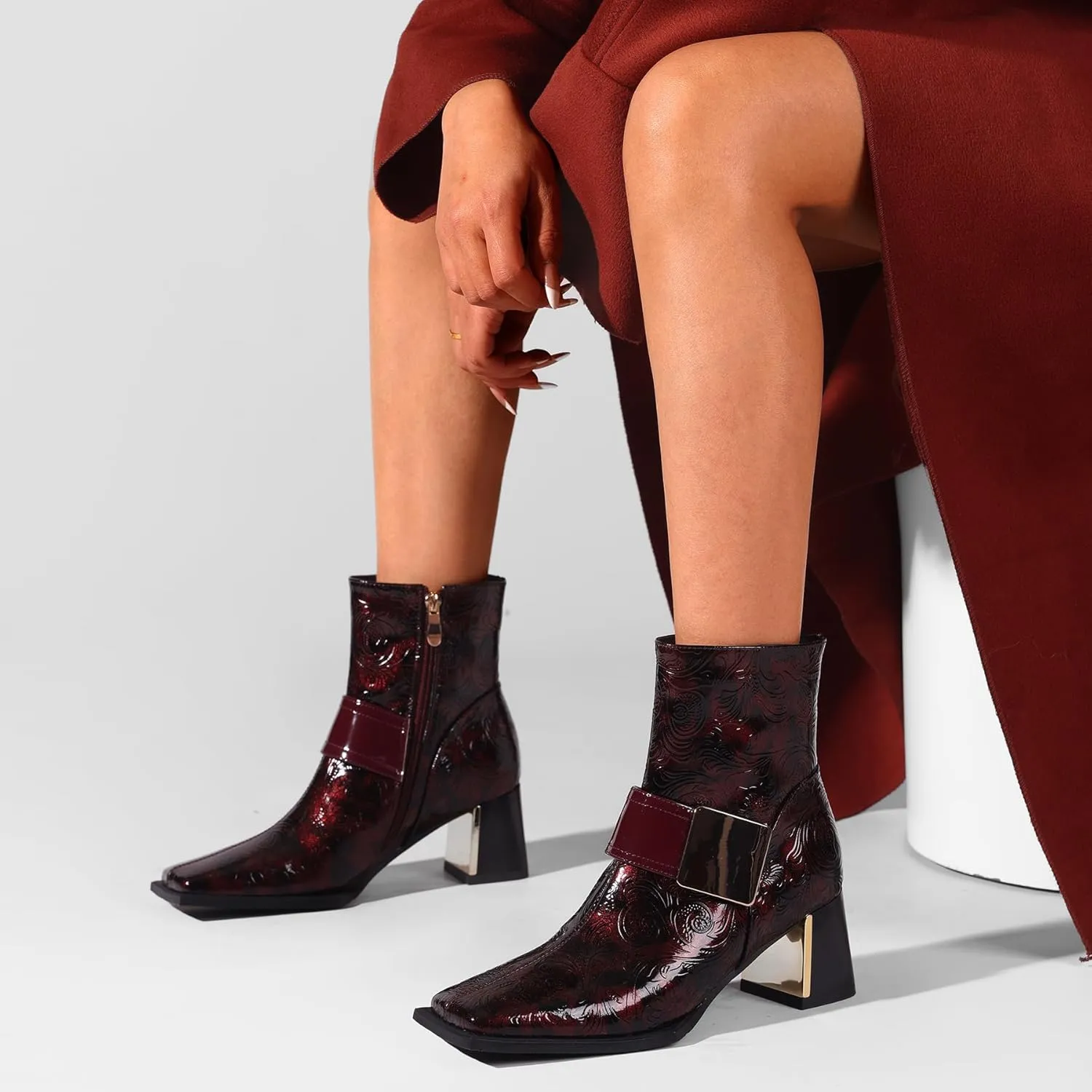 Patent Leather Chelsea Boots For Women Square Toe Ankle Wide Calf Booties Botas Para Mujer Leather Chunky Block Dress Warm Lined Cowboy Cowgirl Ladies 2.5 Inch High Heels