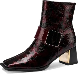 Patent Leather Chelsea Boots For Women Square Toe Ankle Wide Calf Booties Botas Para Mujer Leather Chunky Block Dress Warm Lined Cowboy Cowgirl Ladies 2.5 Inch High Heels