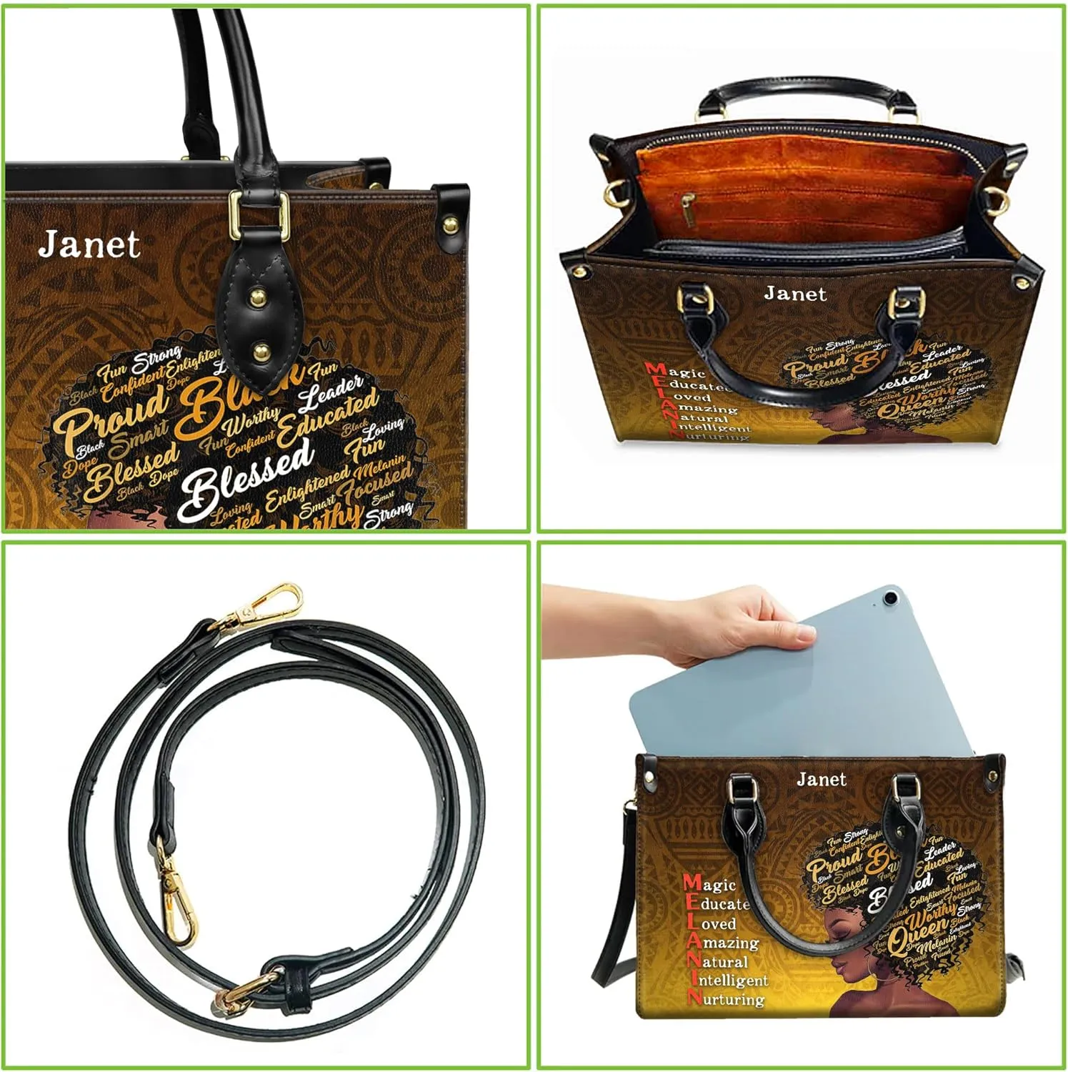 Personalized Black Queen Leather Bag, Gift for African American, Afro Black Girl, Mother's Day Gift