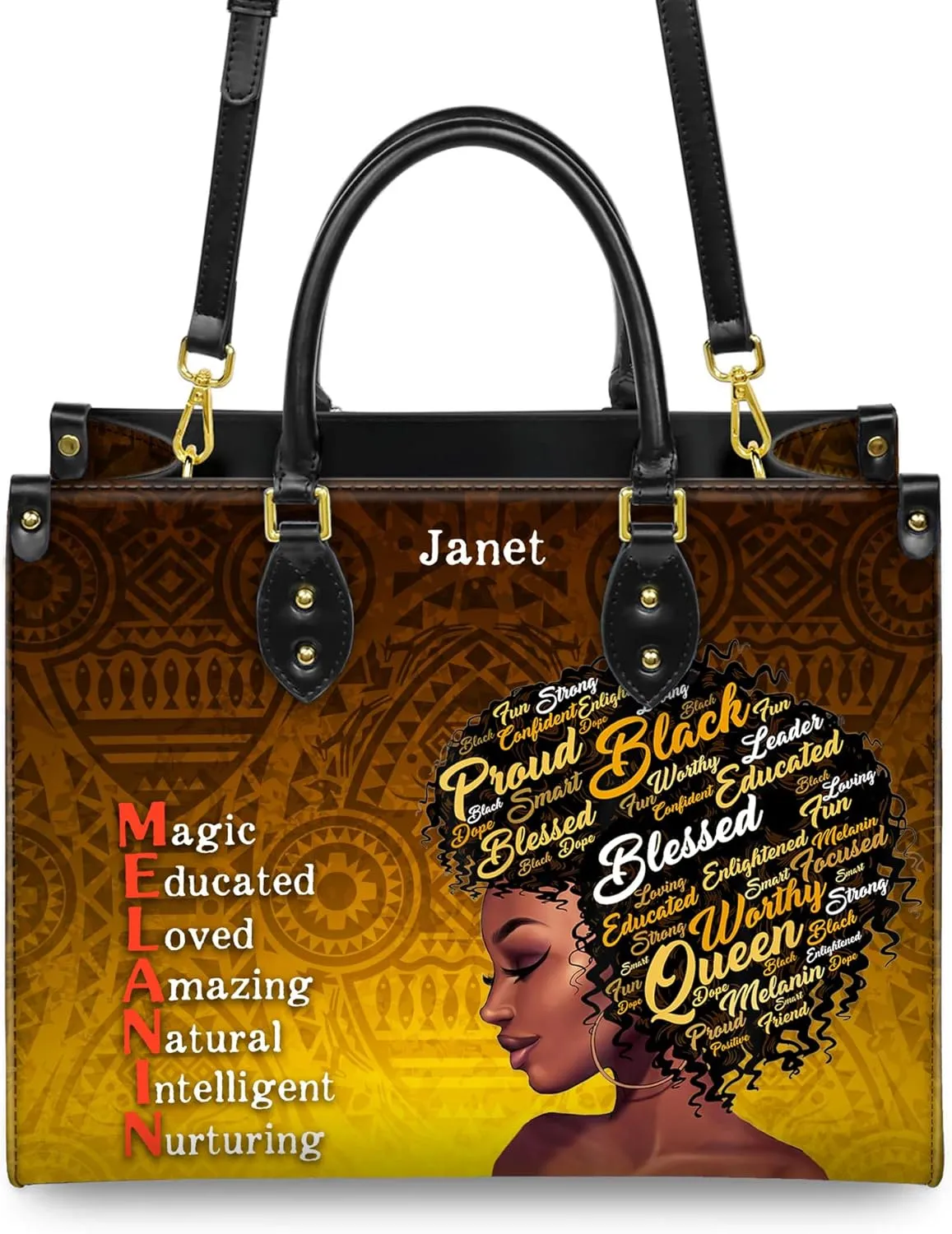 Personalized Black Queen Leather Bag, Gift for African American, Afro Black Girl, Mother's Day Gift