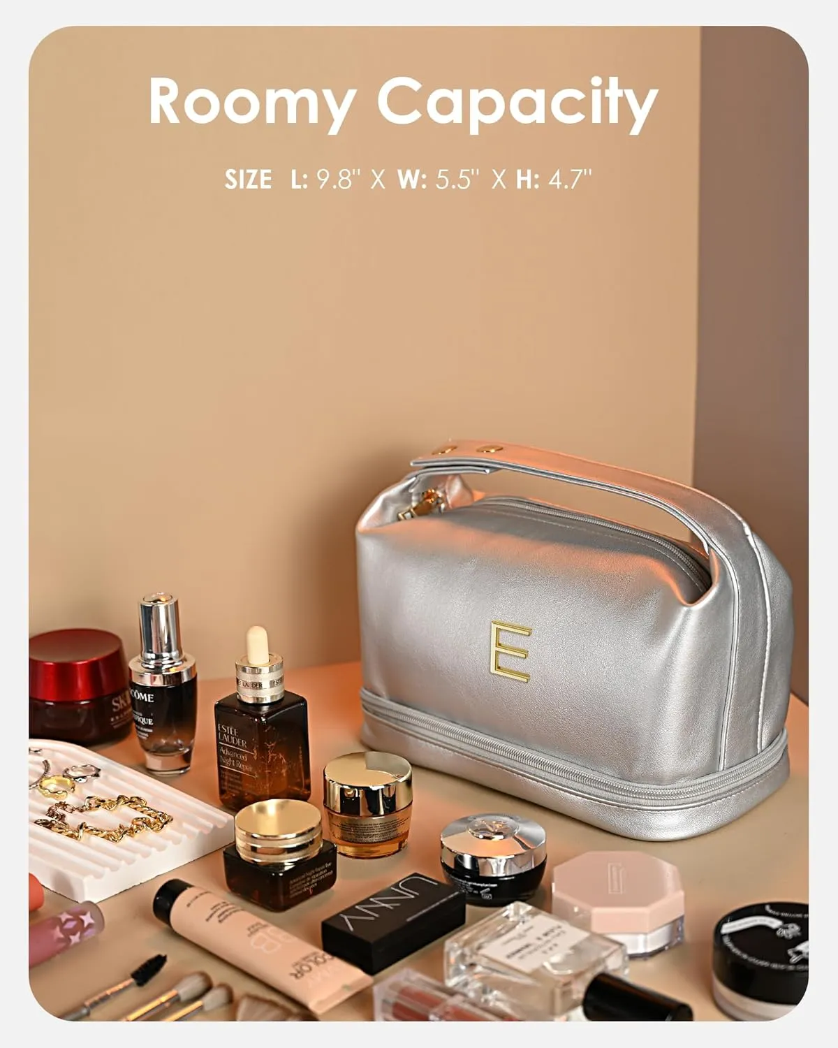 Personalized Gifts for Women Unique, Makeup Bag with Handle, Initial Double Layer Cosmetic Bag with Makeup Brush Organizer, Cute Cosmetic Pouch for Women, Gifts for Friends Female Mom