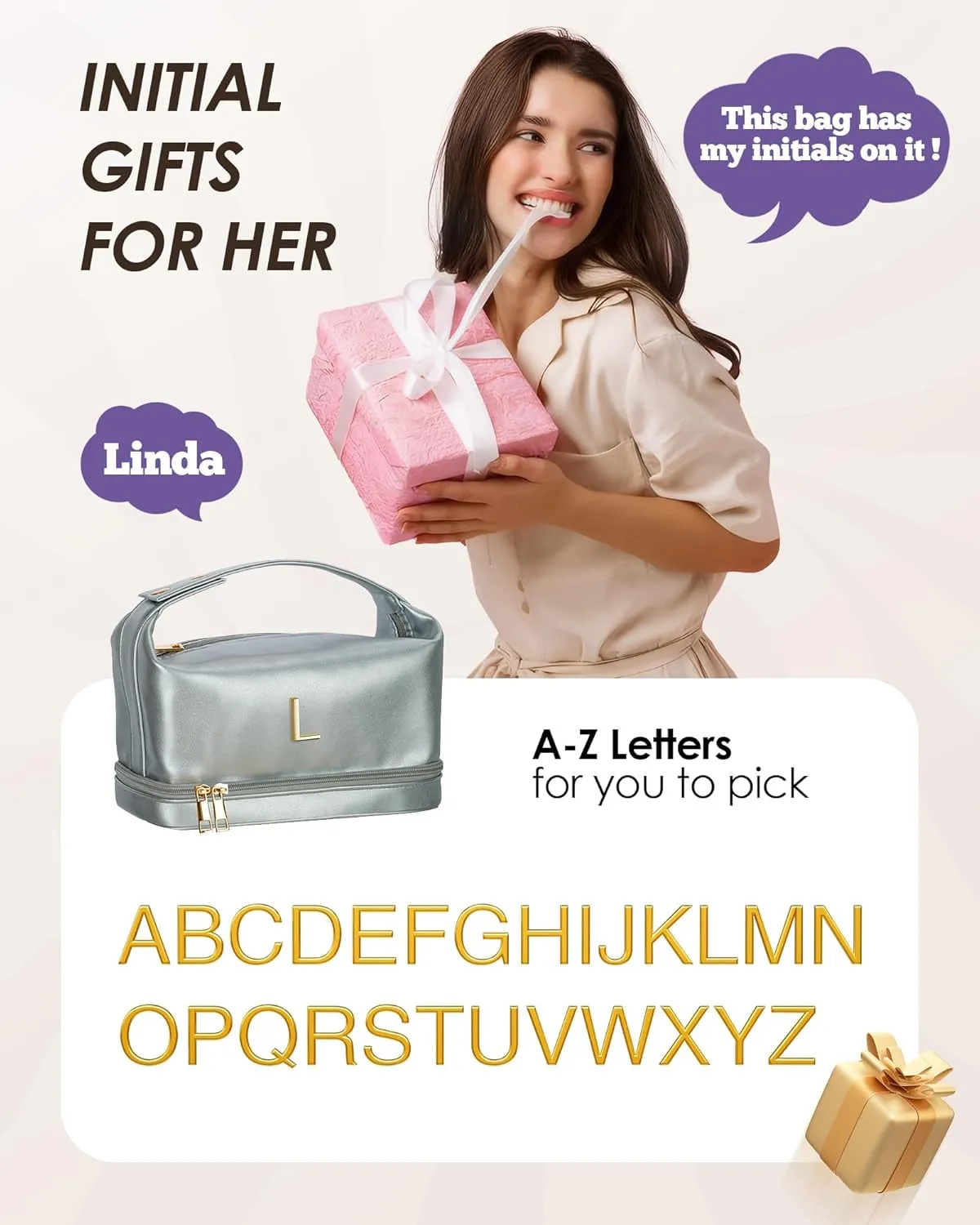 Personalized Gifts for Women Unique, Makeup Bag with Handle, Initial Double Layer Cosmetic Bag with Makeup Brush Organizer, Cute Cosmetic Pouch for Women, Gifts for Friends Female Mom