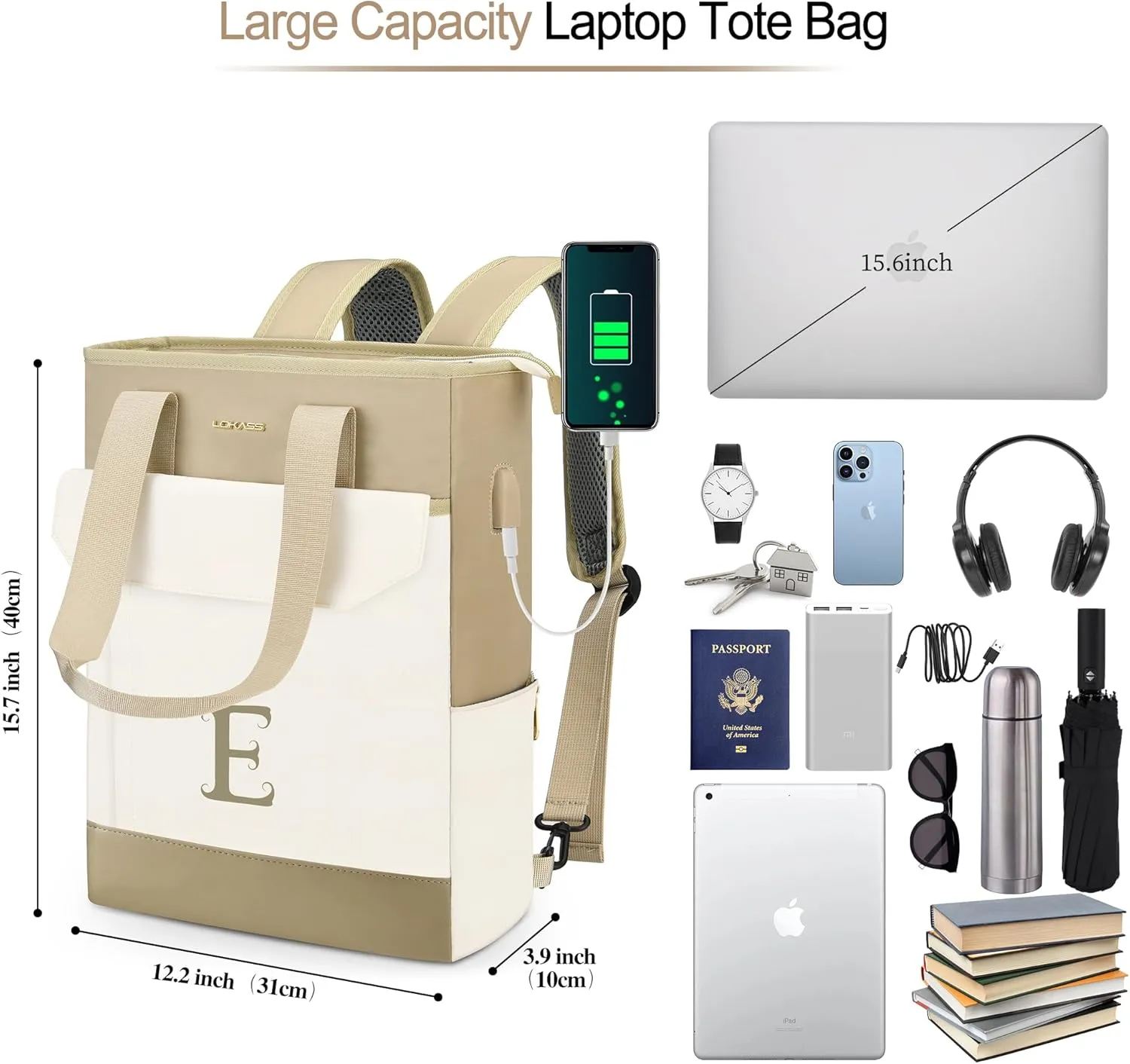 Personalized Initial Laptop Tote Bag Women-15.6" Backpack Purse with USB Port, 2023 Christmas Gift/Birthday Gifts for Women/Teen Girls/Coworker/Colleage, Waterproof Teacher Work Bag-Letter C