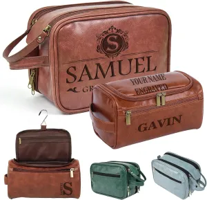 Personalized Leather Toiletry Bag for Men,Custom Engraved Travel Shaving Dopp Kit Bag,Customized Name&Logo Personalized Gift for Father's Day