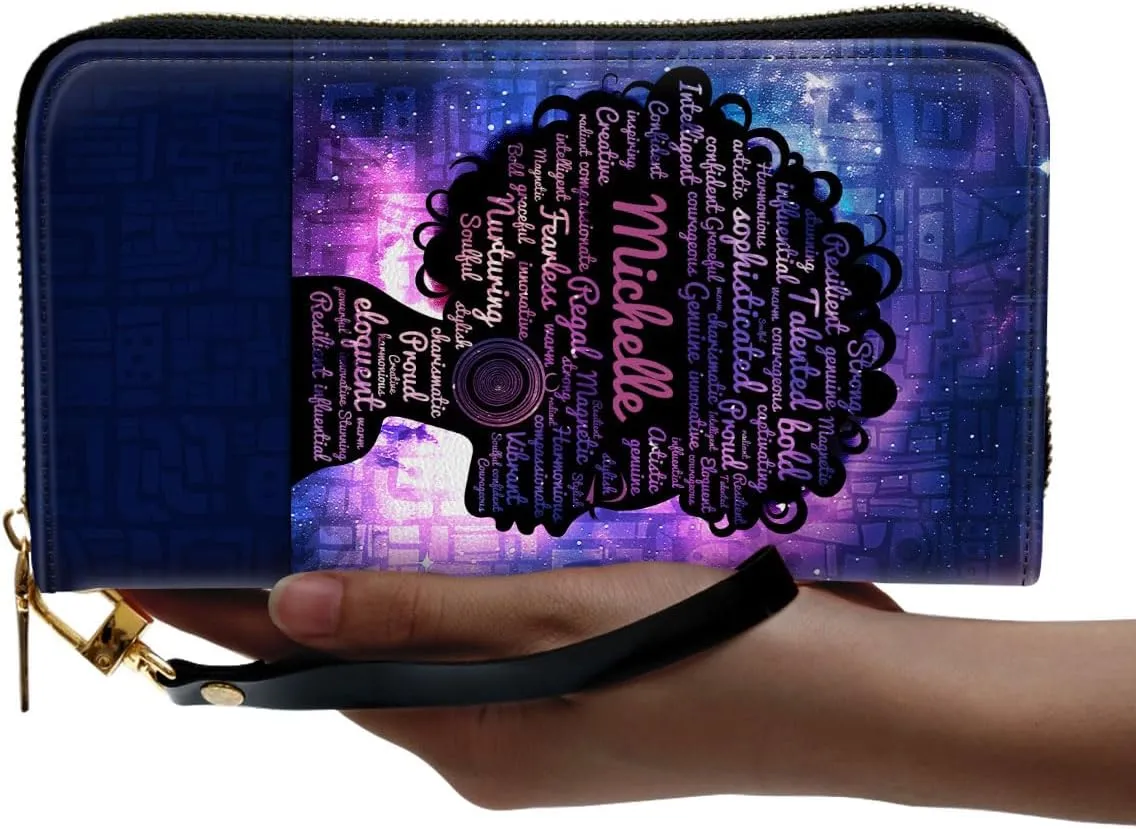 Personalized Leather Wallet For Women - Afro Girl - African Pride Woman Clutch Purse - Purple Gifts For Black Women African Queen - African American Art Black Girl Bag Purse