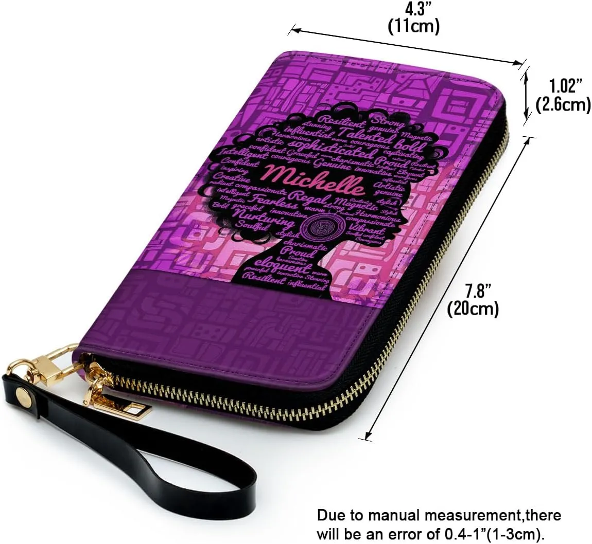 Personalized Leather Wallet For Women - Afro Girl - African Pride Woman Clutch Purse - Purple Gifts For Black Women African Queen - African American Art Black Girl Bag Purse
