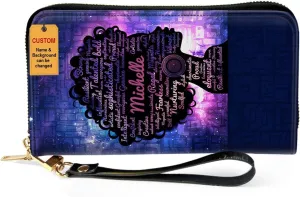 Personalized Leather Wallet For Women - Afro Girl - African Pride Woman Clutch Purse - Purple Gifts For Black Women African Queen - African American Art Black Girl Bag Purse