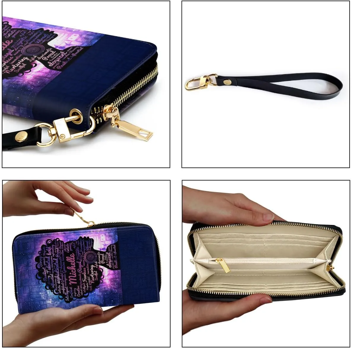 Personalized Leather Wallet For Women - Afro Girl - African Pride Woman Clutch Purse - Purple Gifts For Black Women African Queen - African American Art Black Girl Bag Purse