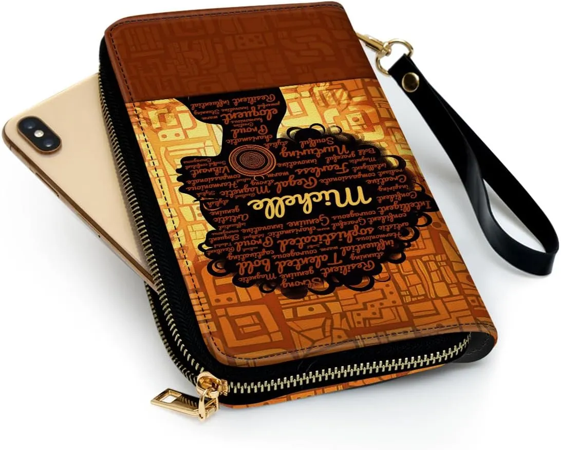 Personalized Leather Wallet For Women - Afro Girl - African Pride Woman Clutch Purse - Purple Gifts For Black Women African Queen - African American Art Black Girl Bag Purse