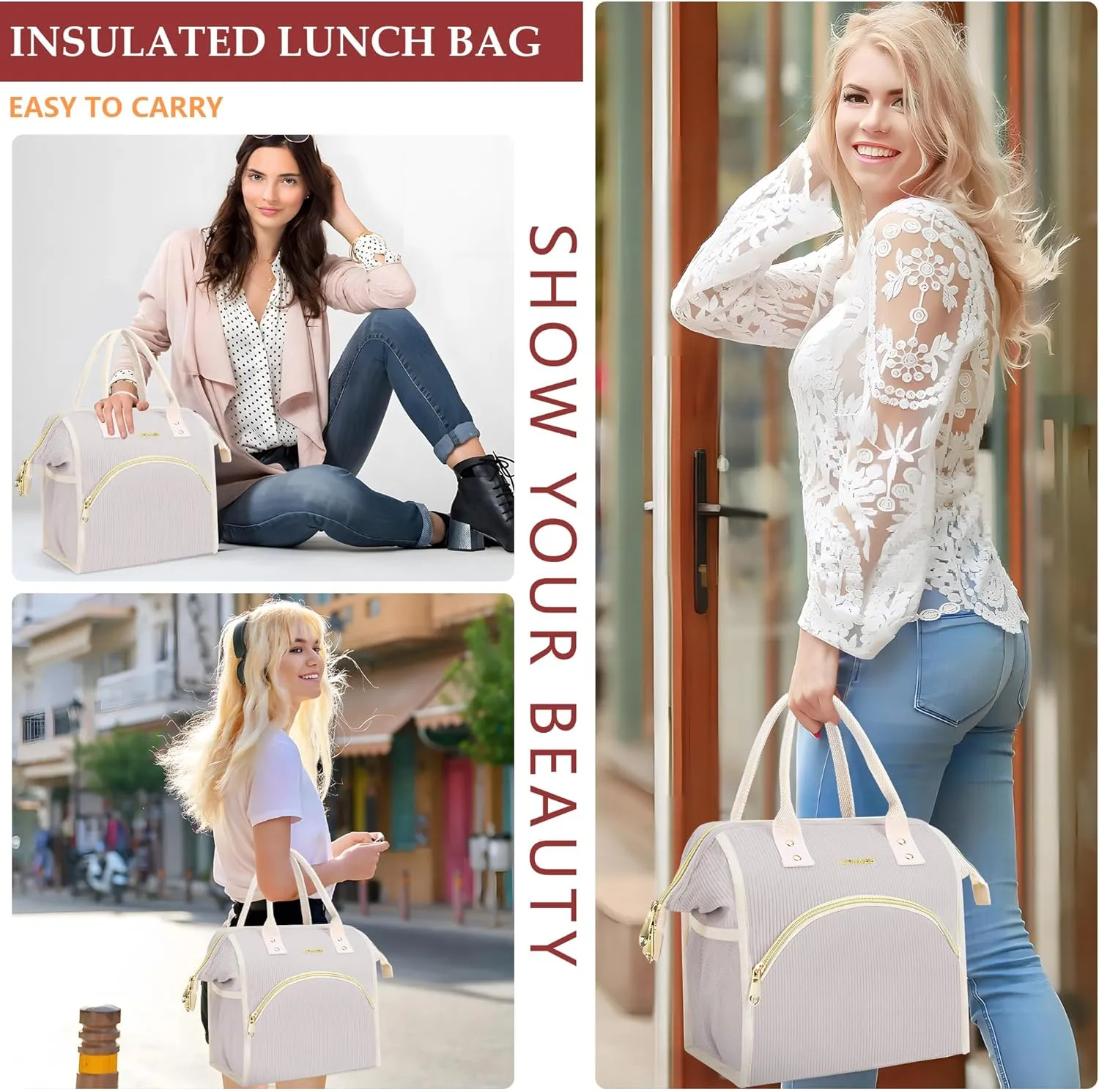 Personalized Lunch Bag for Women, Preppy Reusable Insulated Initials Lunch Box Gift for Friend Large Wide-Open Water Resistant Adult Cooler Tote Bag for Work, Travel, Picnic Grey