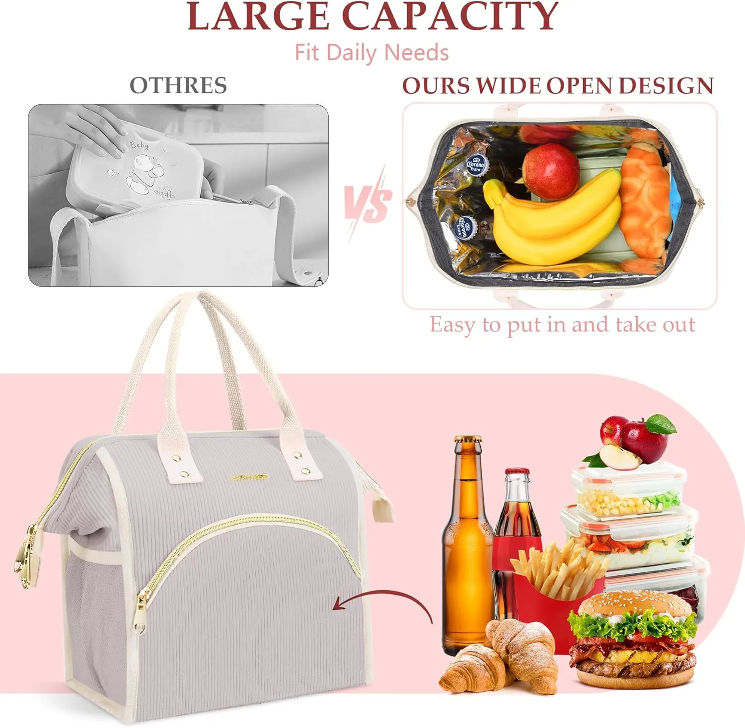 Personalized Lunch Bag for Women, Preppy Reusable Insulated Initials Lunch Box Gift for Friend Large Wide-Open Water Resistant Adult Cooler Tote Bag for Work, Travel, Picnic Grey
